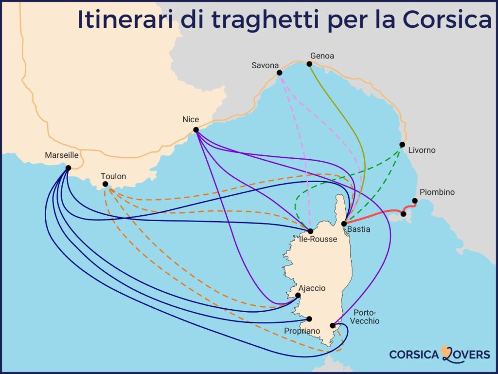 Mappa del percorso dei traghetti in Corsica