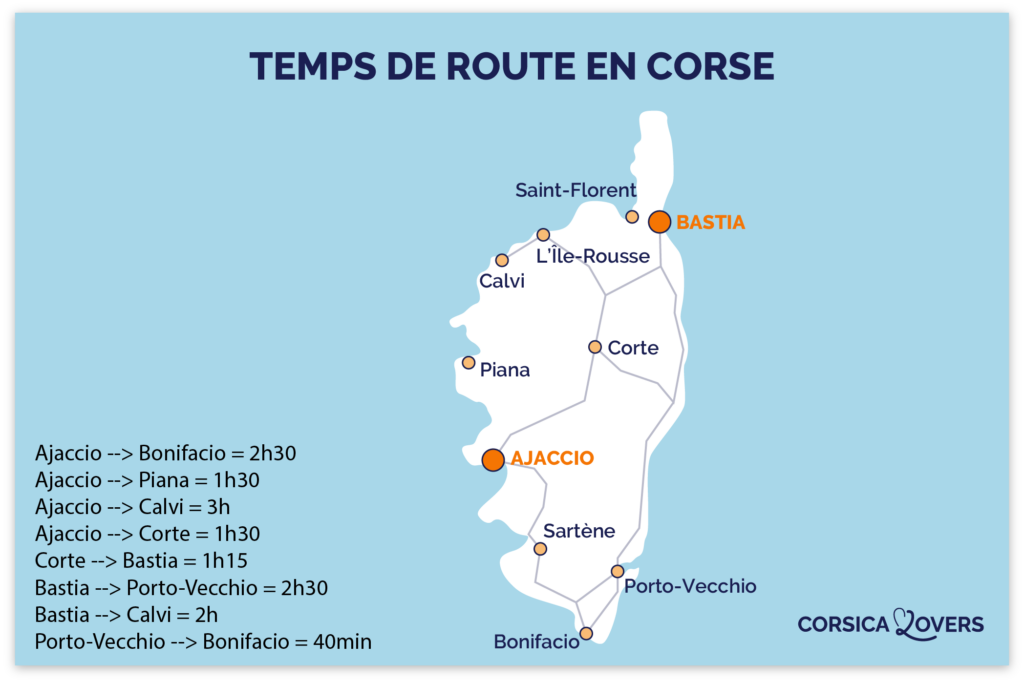Mapa Horario de carretera en Córcega