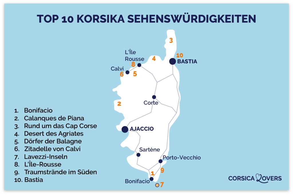 was kann man auf Korsika unternehmen Karte Top 10