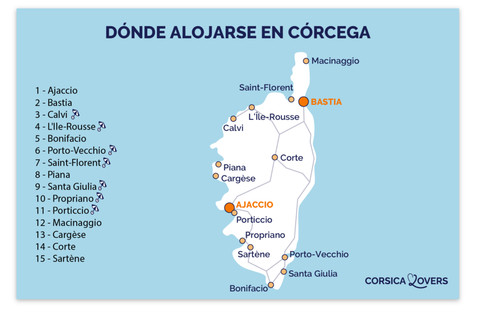 Mapa de dónde alojarse en Córcega