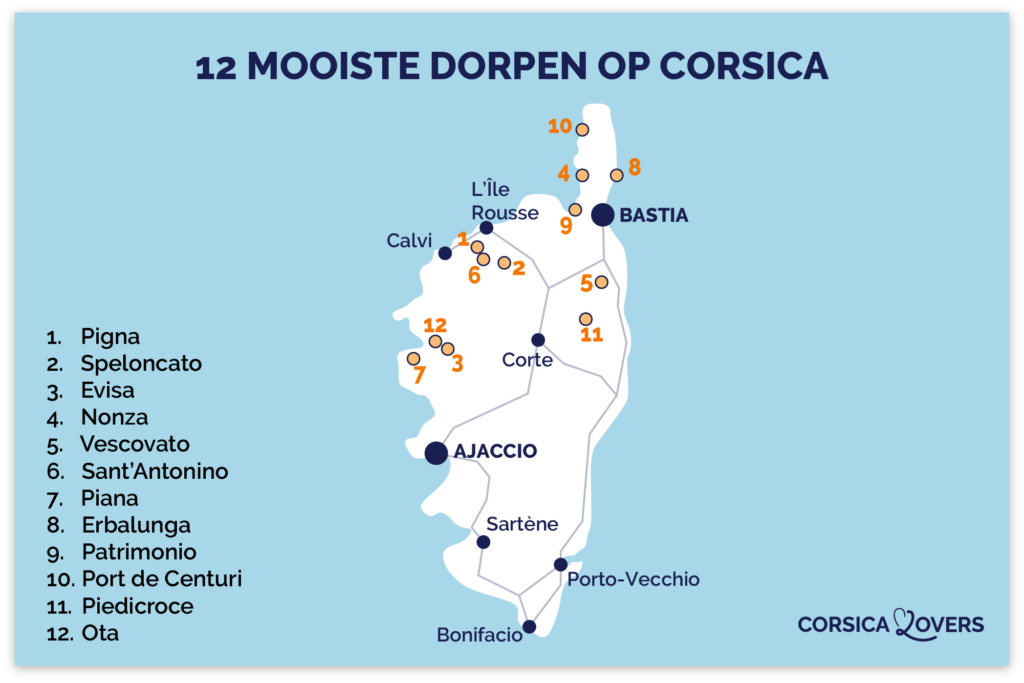 Kaart van de mooiste corsicaanse dorpen