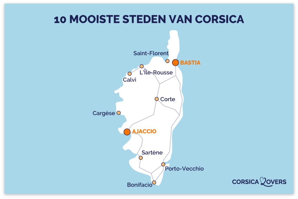 Kaart van de mooiste steden op Corsica
