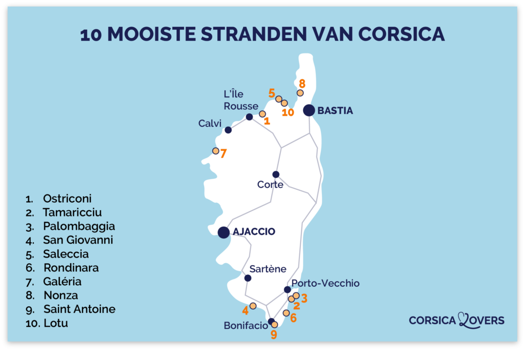 Kaart van de mooiste stranden van Corsica