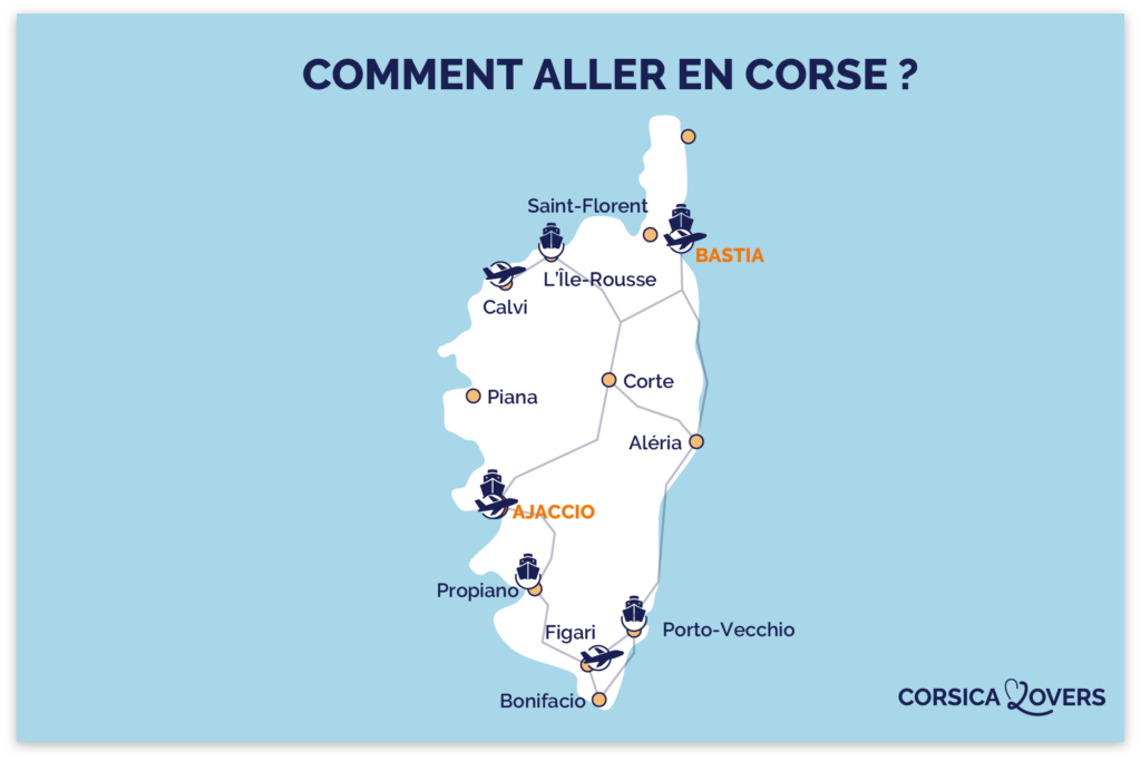 Carte comment aller en Corse - aéroports et ports de car-ferries