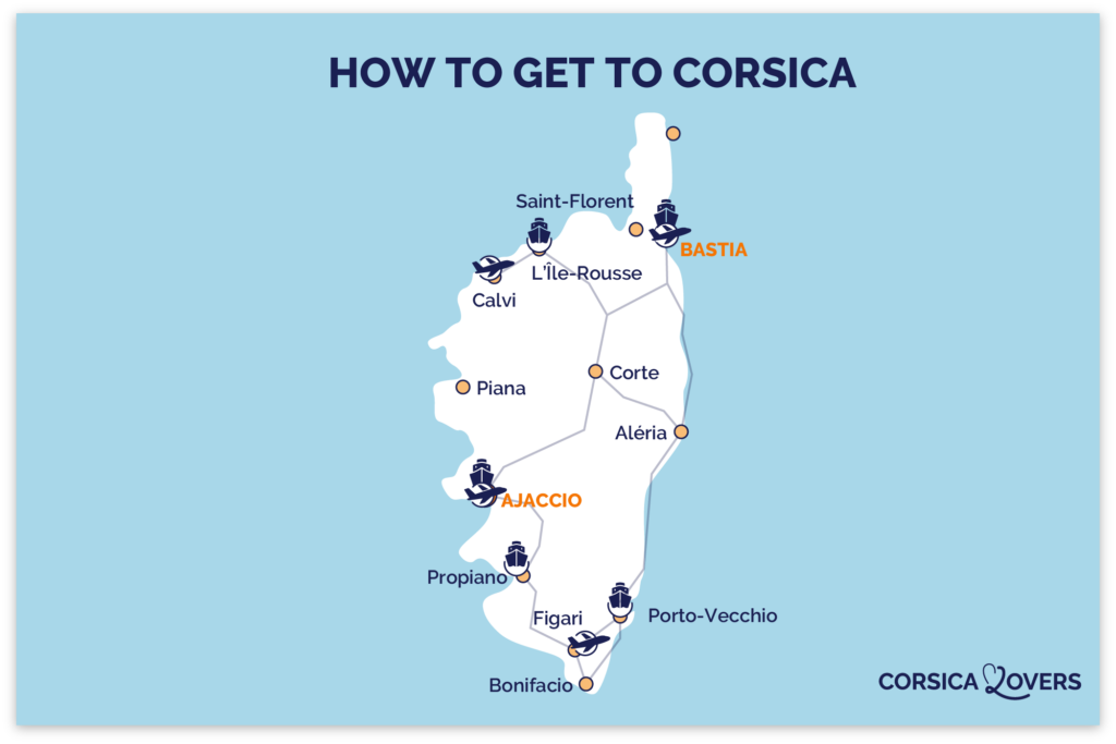Map of how to get to Corsica - airports and car ferry ports