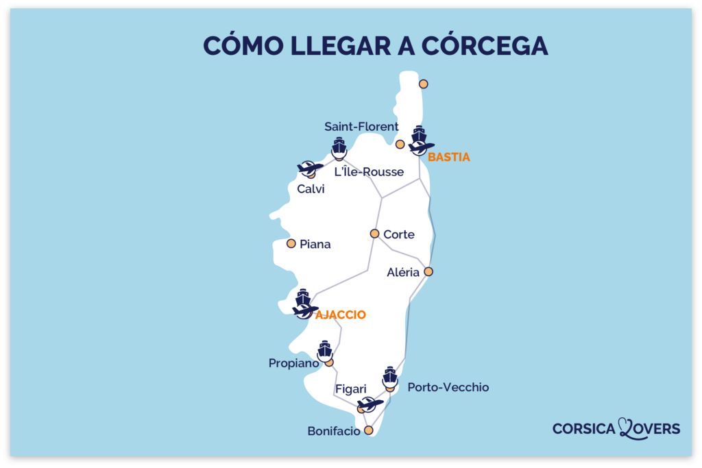 Mapa de cómo llegar a Córcega - aeropuertos y puertos de transbordadores de vehículos