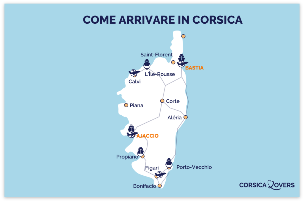 Mappa di come arrivare in Corsica - aeroporti e porti dei traghetti per le auto