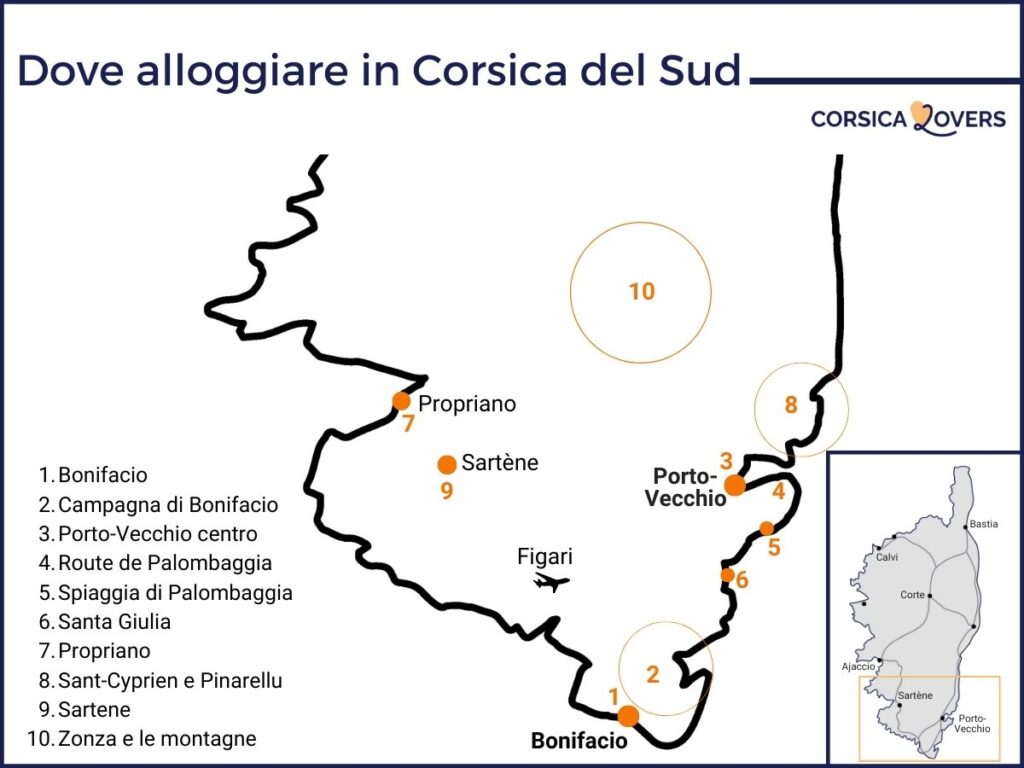 mappa dove alloggiare nel sud della corsica