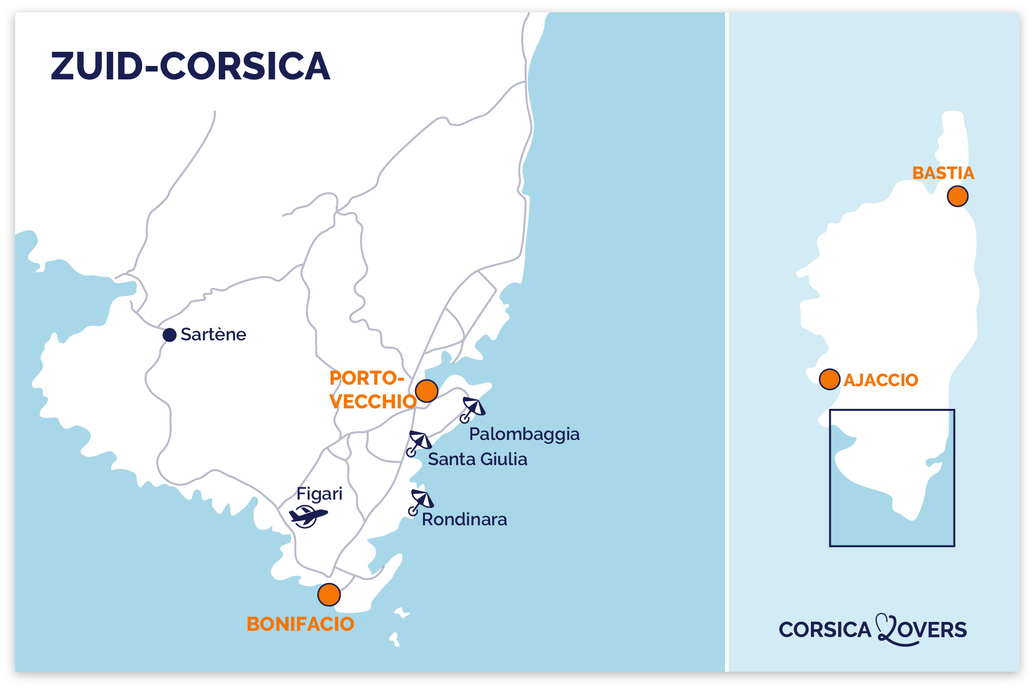 Kaart Zuid-Corsica Bonifacio Porto-Vecchio