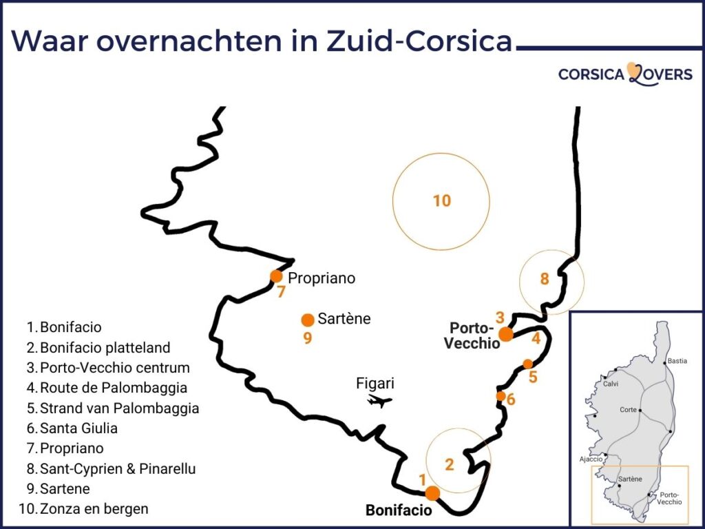 kaart waar te verblijven in zuid-corsica