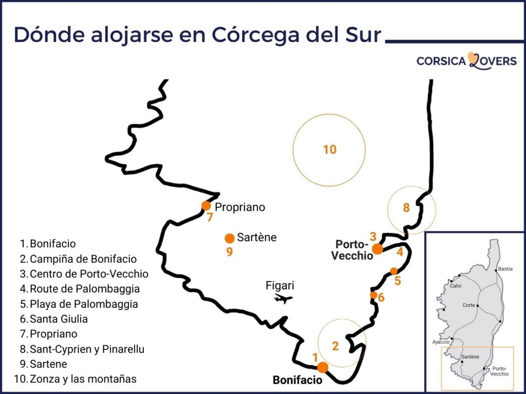 mapa dónde alojarse en el sur de córcega