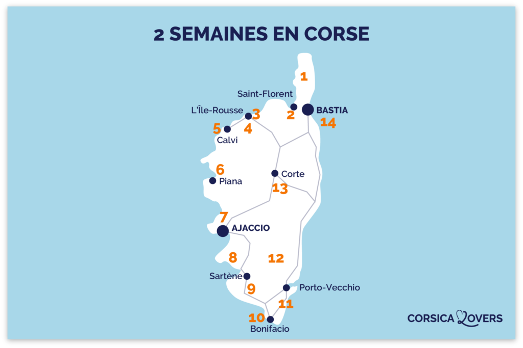 Carte 2 semaines Corse itineraire 14 jours