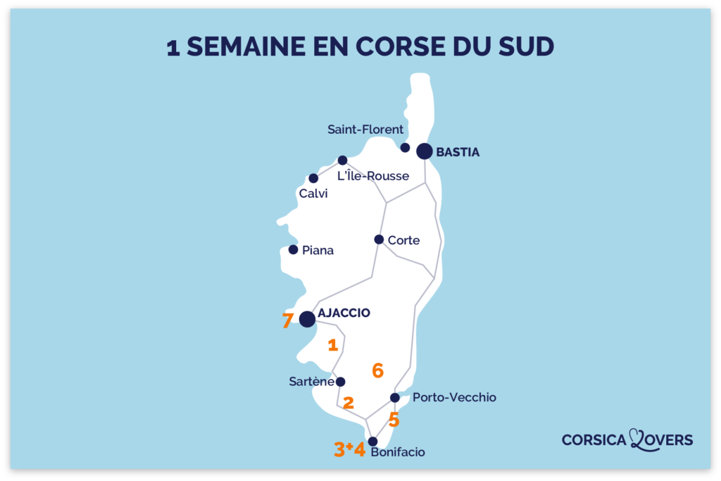 Mappa itinerario una settimana corsica sud 7 giorni