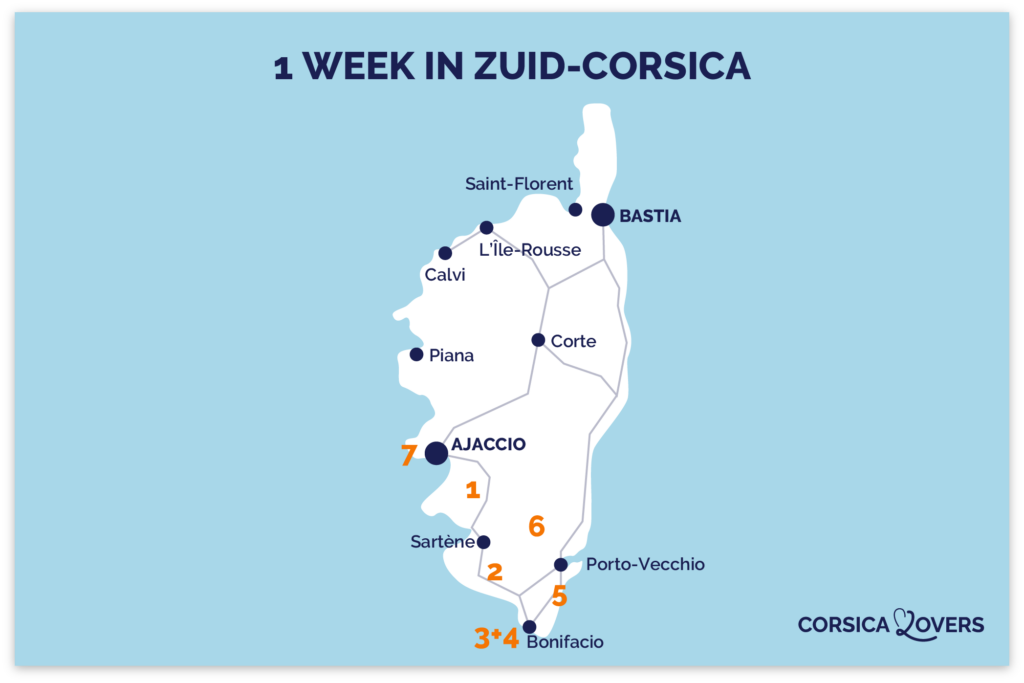 Kaart route een week zuid corsica 7 dagen