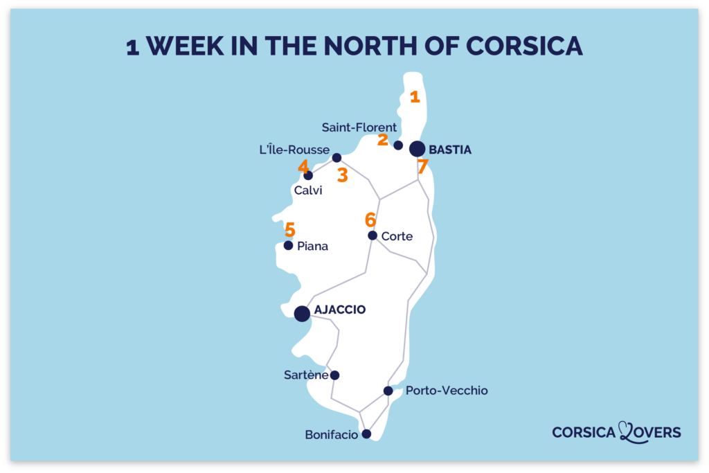 Map itinerary one week north corsica 7 days