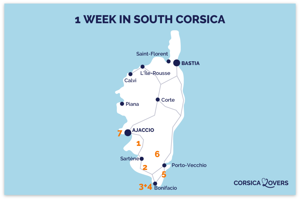 Map itinerary one week south corsica 7 days