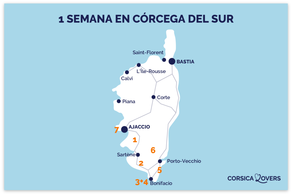 Mapa itinerario una semana sur corsica 7 dias