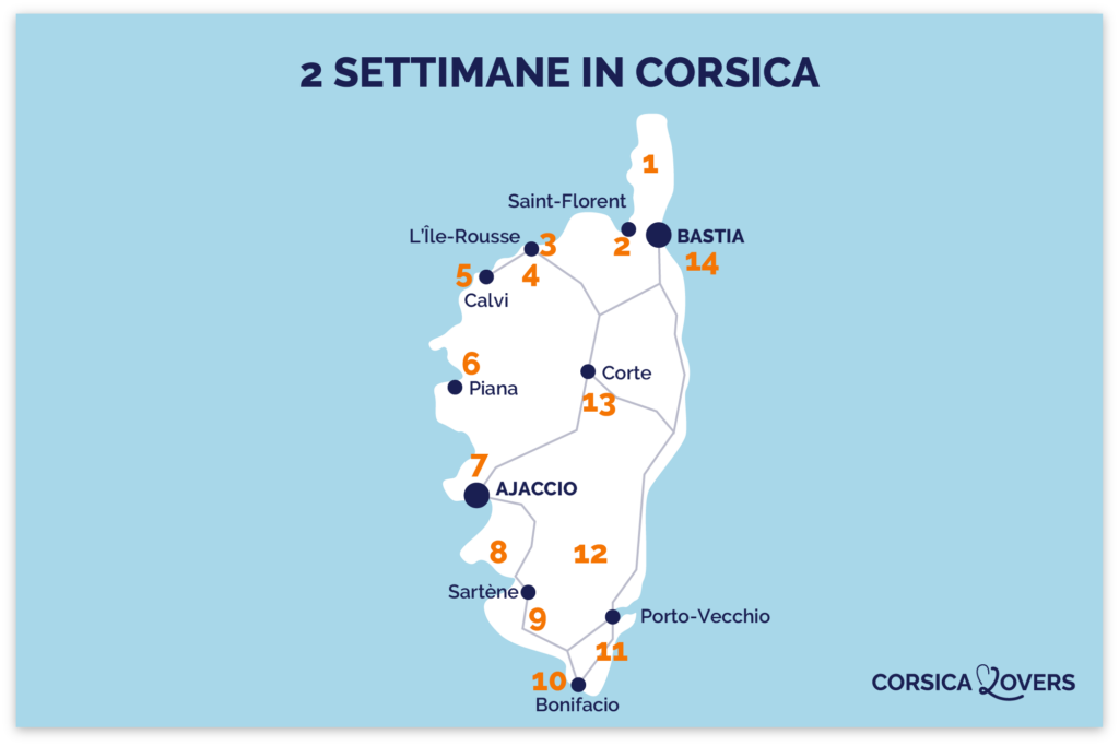 Mappa 2 settimane Itinerario Corsica 14 giorni