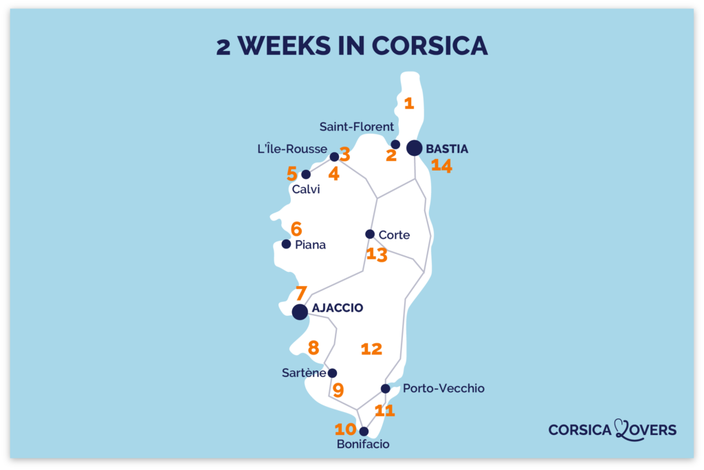 Map 2 weeks Corsica itinerary 14 days