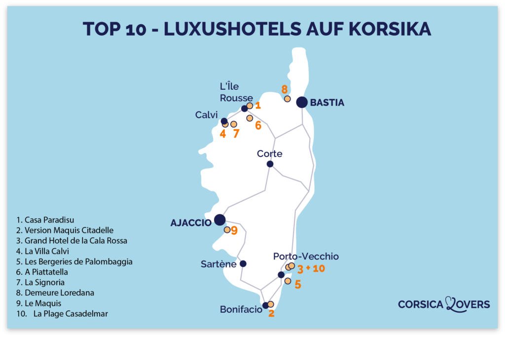 Karte Luxushotels in Korsika 5 Sterne