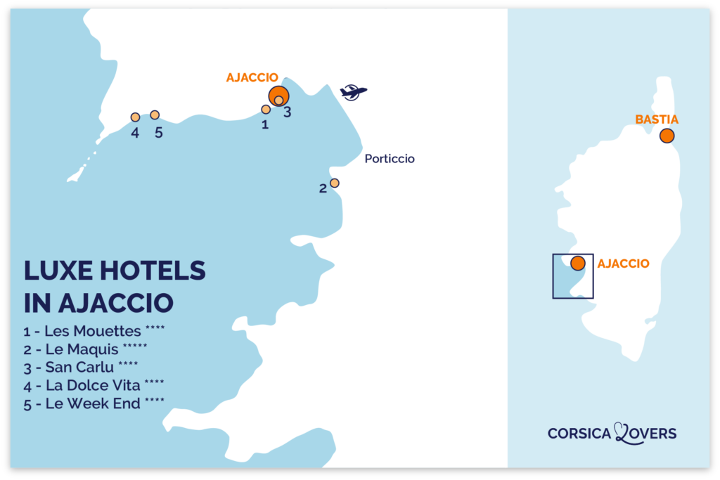 Kaart van luxe hotels in Ajaccio