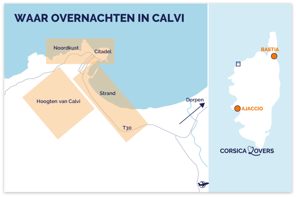Kaart van de beste plekken om te verblijven in Calvi