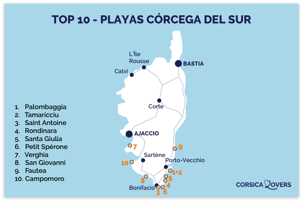 Mapa de las playas más bonitas de Córcega del Sur