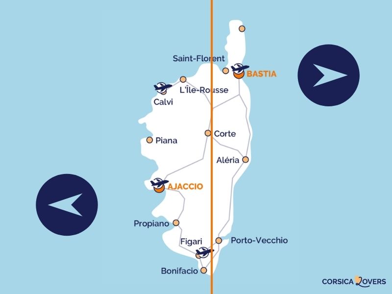Carte cote ouest vs cote est Corse
