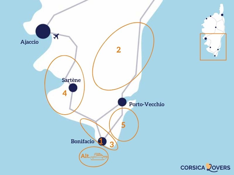 Kaart Zuid-Corsica 5-daagse route